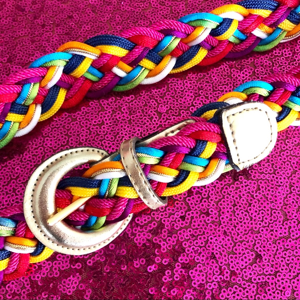 🍭VINTAGE Rainbow Multicolor Braided Woven Nylon Belt - Picture 2 of 4